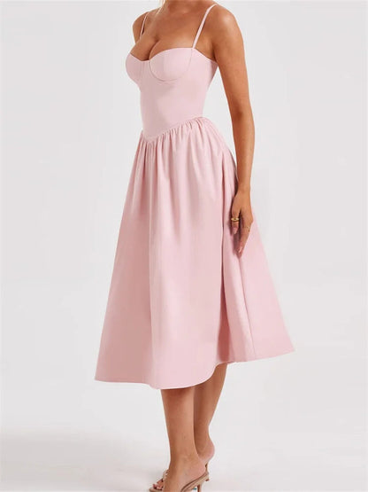 Color Sleeveless Strap Low Cut Backless Formal Midi Dress