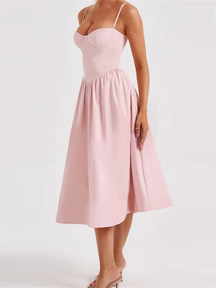 Color Sleeveless Strap Low Cut Backless Formal Midi Dress
