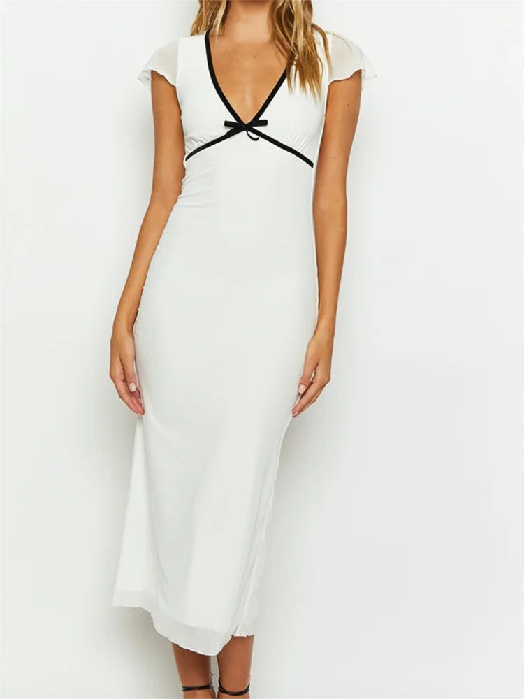 Summer Skinny White Short Sleeve Deep V Neck Contrast Midi Dress