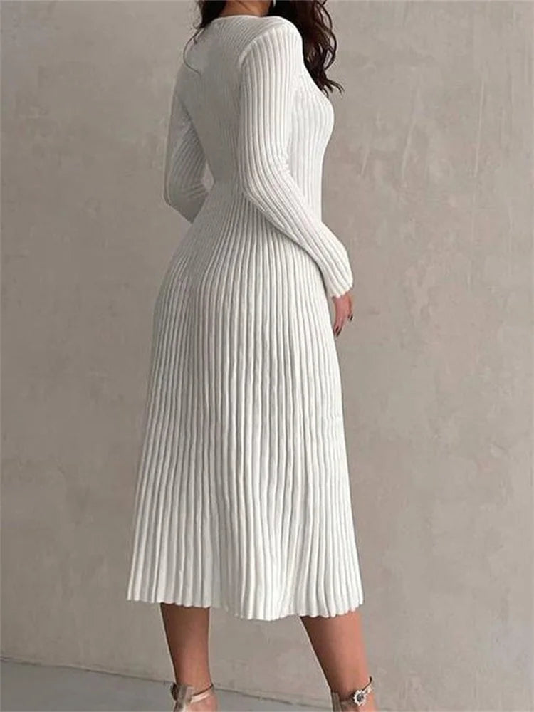 Knitted Ribbed Long Sleeve Slim Fit Autumn Mid Midi Dress