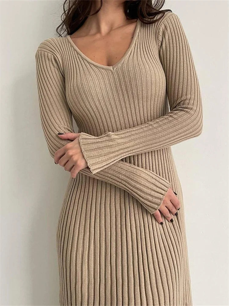 Knitted Ribbed Long Sleeve Slim Fit Autumn Mid Midi Dress