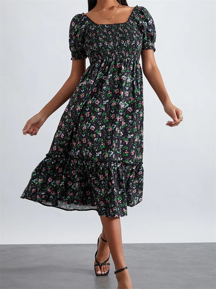 Retro Summer Print Square Neck Short Puff Sleeve Ruched Midi Dress