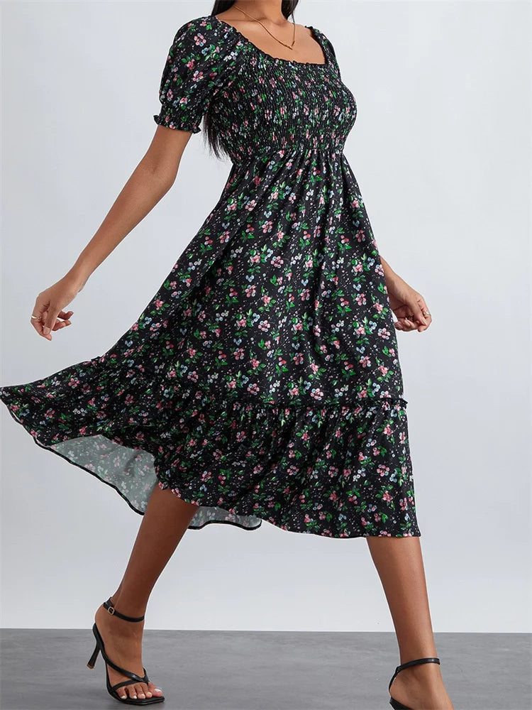 Retro Summer Print Square Neck Short Puff Sleeve Ruched Midi Dress