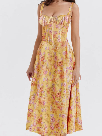 Ruched Sleeveless Strap Square Neck Lace-up High Split Midi Dress
