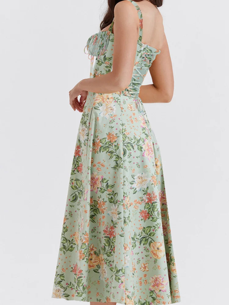 Ruched Sleeveless Strap Square Neck Lace-up High Split Midi Dress