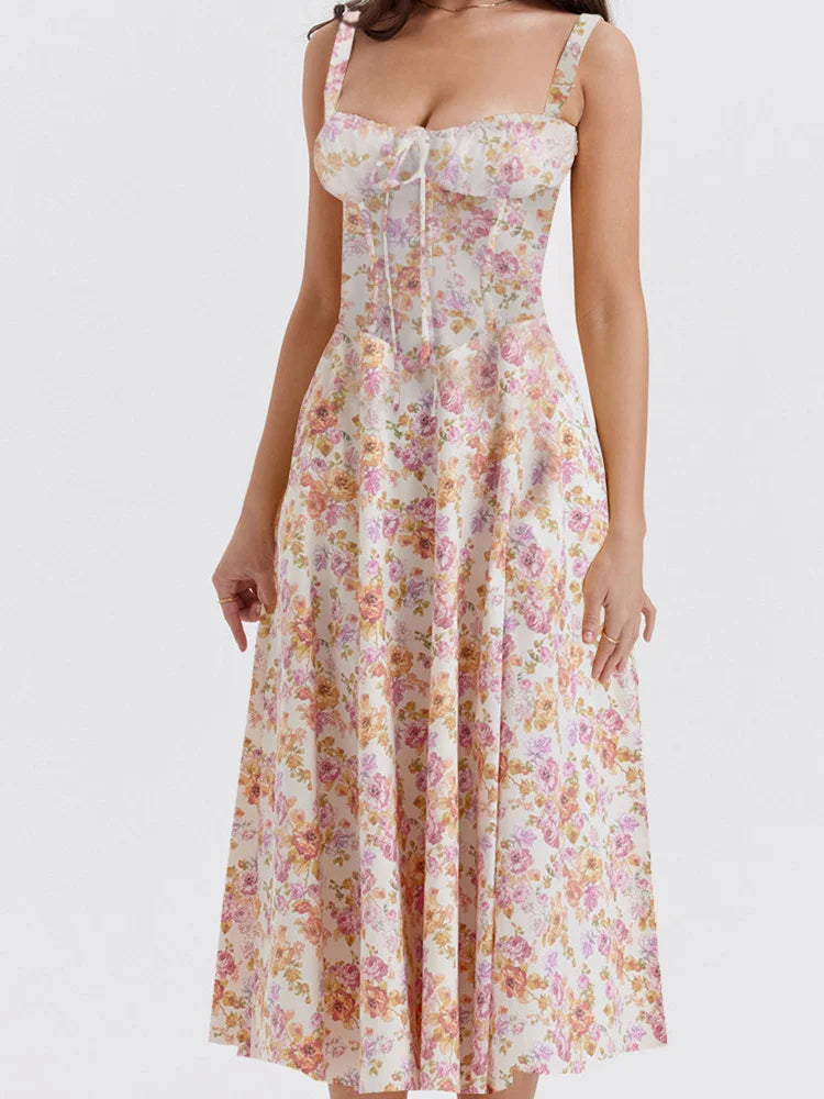Ruched Sleeveless Strap Square Neck Lace-up High Split Midi Dress