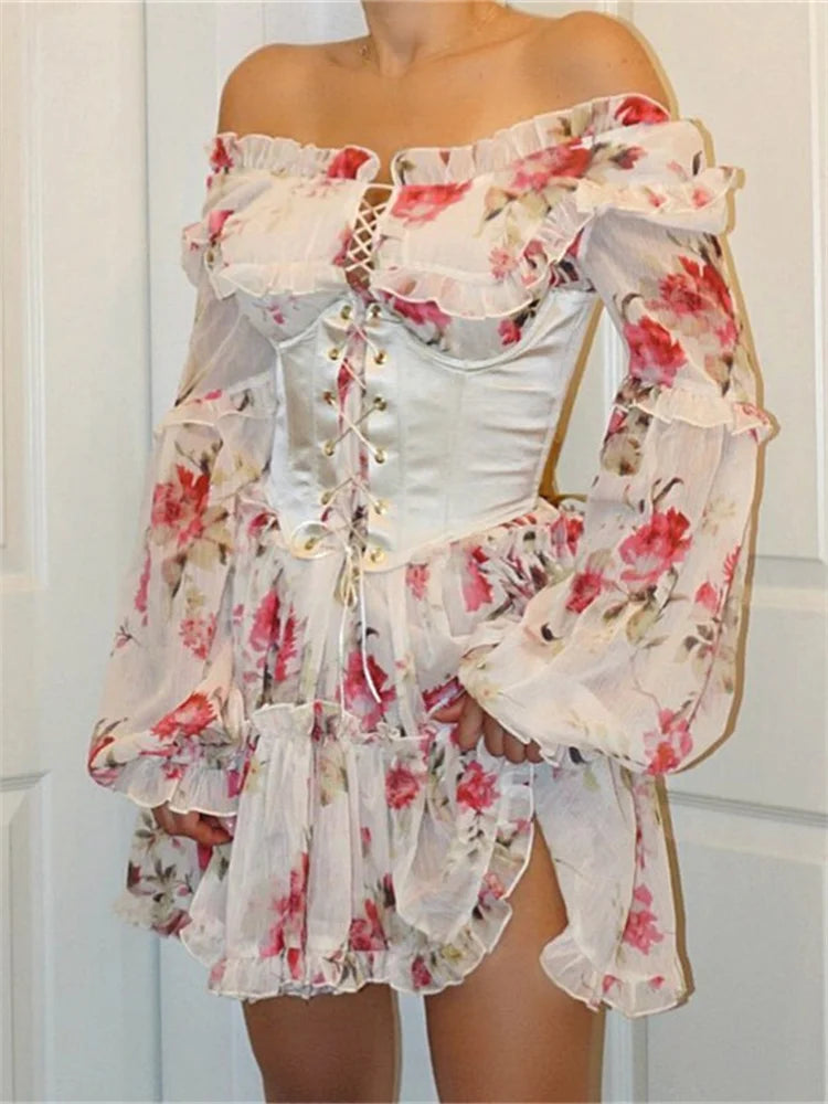 Off-shoulder 3d Flowers Long Sleeve Mini Dresses