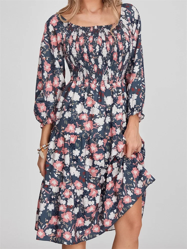 Print Long Sleeve High Waist A-line Midi Dress