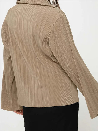Pleated V-neck Button-down Blouse