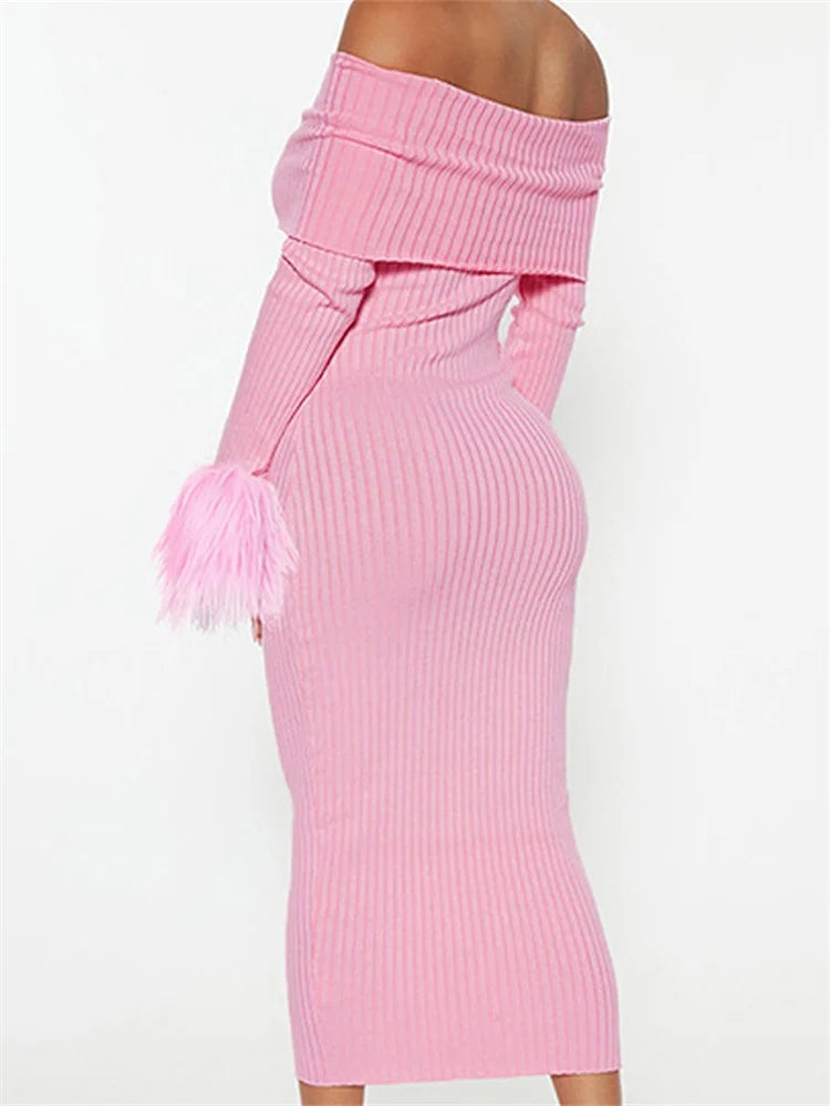 Knitted Long Sleeve Off-shoulder Fur Patchwork Ribbed Bodycon Midi Dress