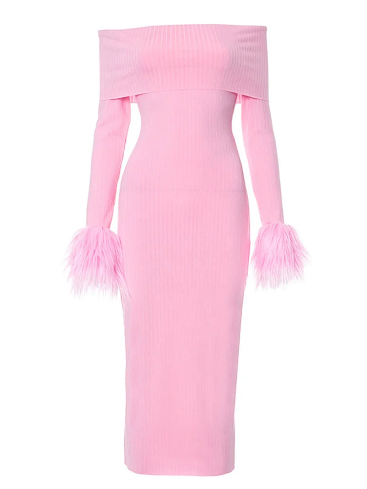 Knitted Long Sleeve Off-shoulder Fur Patchwork Ribbed Bodycon Midi Dress