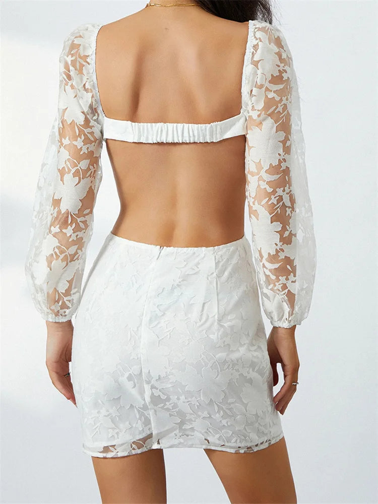 Long Sleeve V Neck Tie-up Backless See Through Mini Dresses