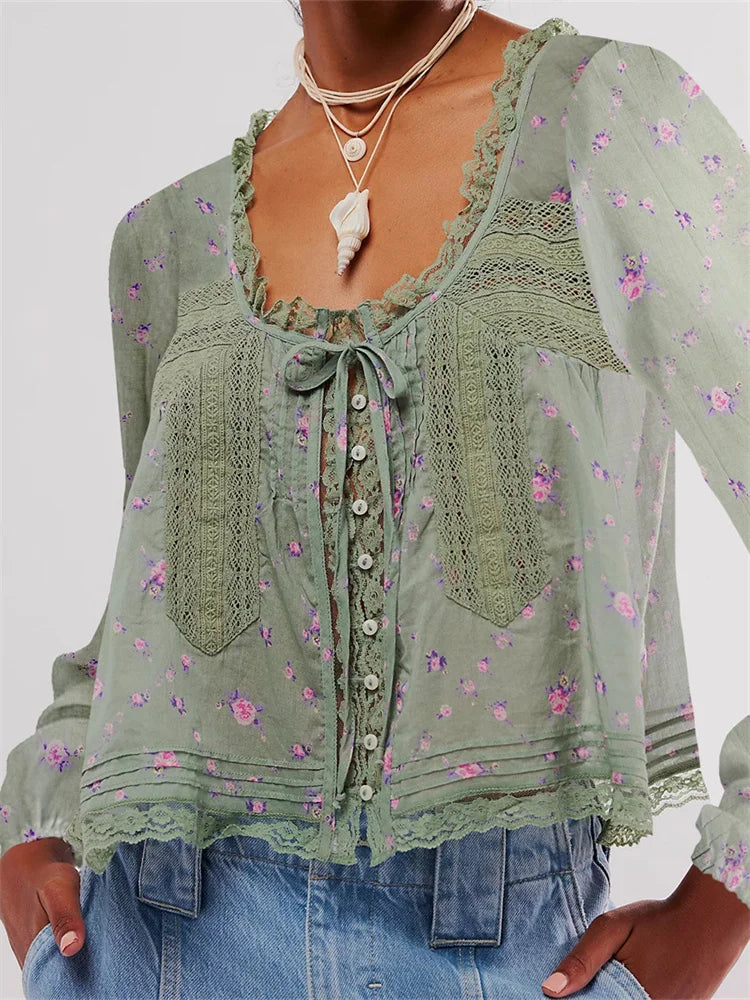 Lace Patchwork Button Tie-up Blouse