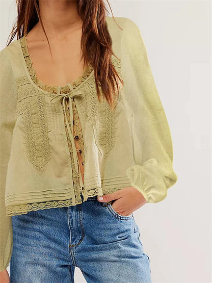 Lace Patchwork Button Tie-up Blouse
