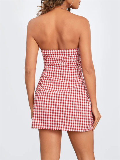 Plaid Slim-fit Tie-up Mini Dress