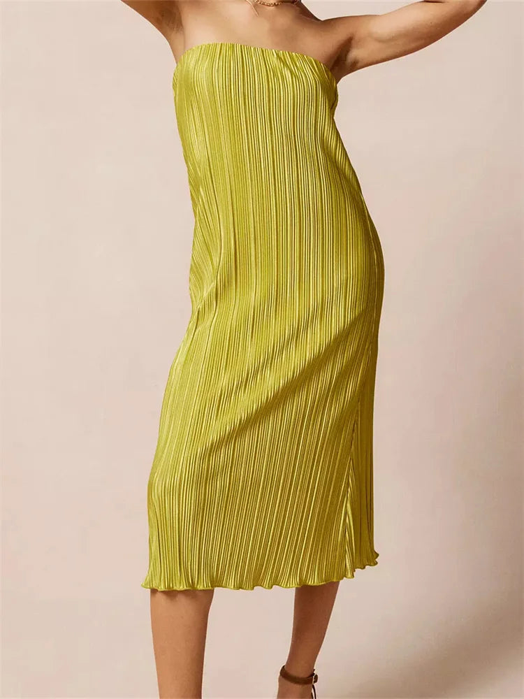 Ruched Tube Strapless Off Shoulder Color Slim Fit Midi Dress