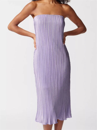 Ruched Tube Strapless Off Shoulder Color Slim Fit Midi Dress