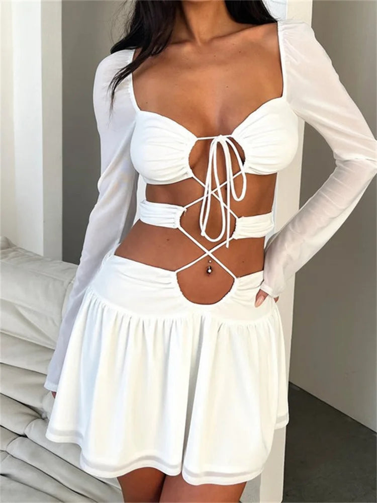 Criss-cross Tie-up Long Sleeve Mini Dresses