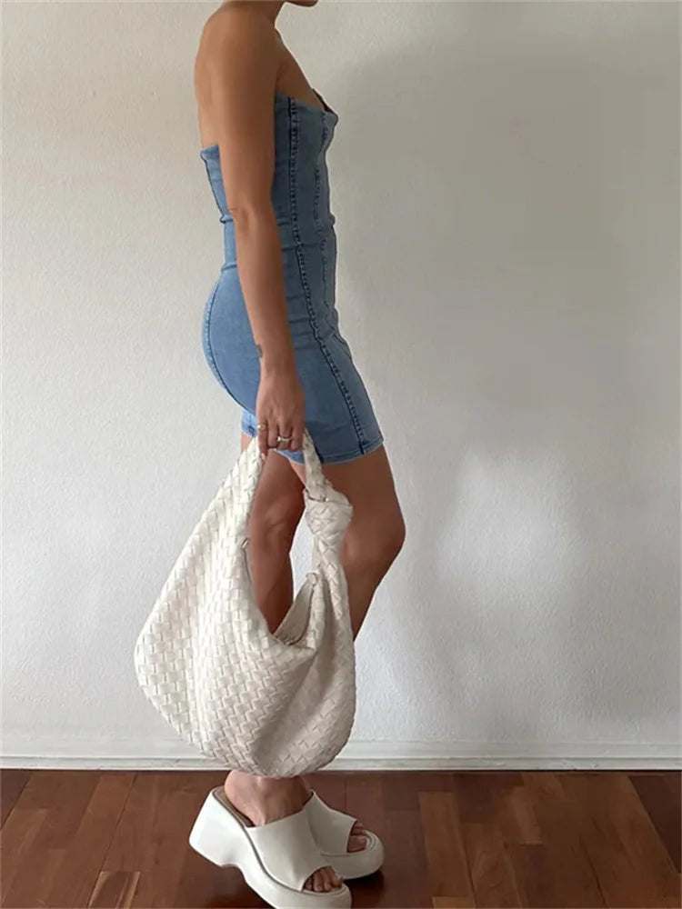 Denim Off Shoulder Slim Pencil Mini Dresses