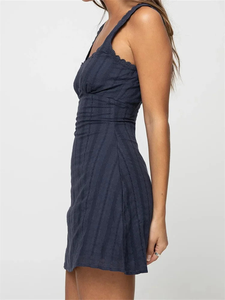 Lace Trim A-line Color Square Neck Mini Dresses