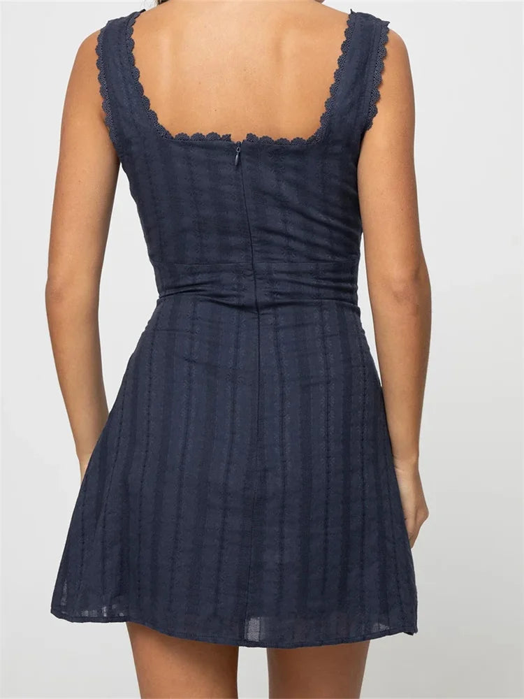 Lace Trim A-line Color Square Neck Mini Dresses