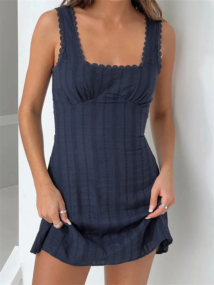 Lace Trim A-line Color Square Neck Mini Dresses