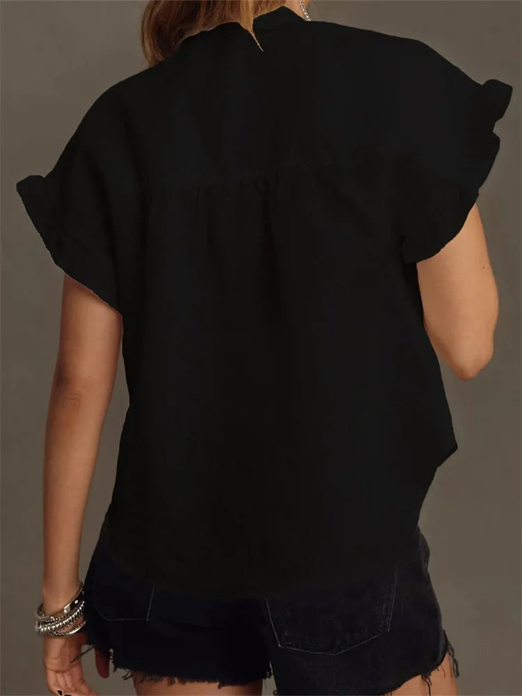 Color Ruffle Short Sleeve Blouse