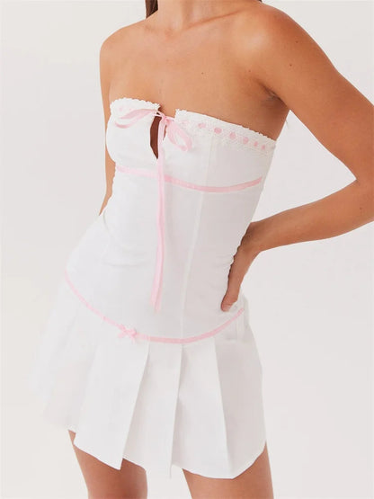 Contrast Color Strapless Bow Front Tie-up Mini Dresses