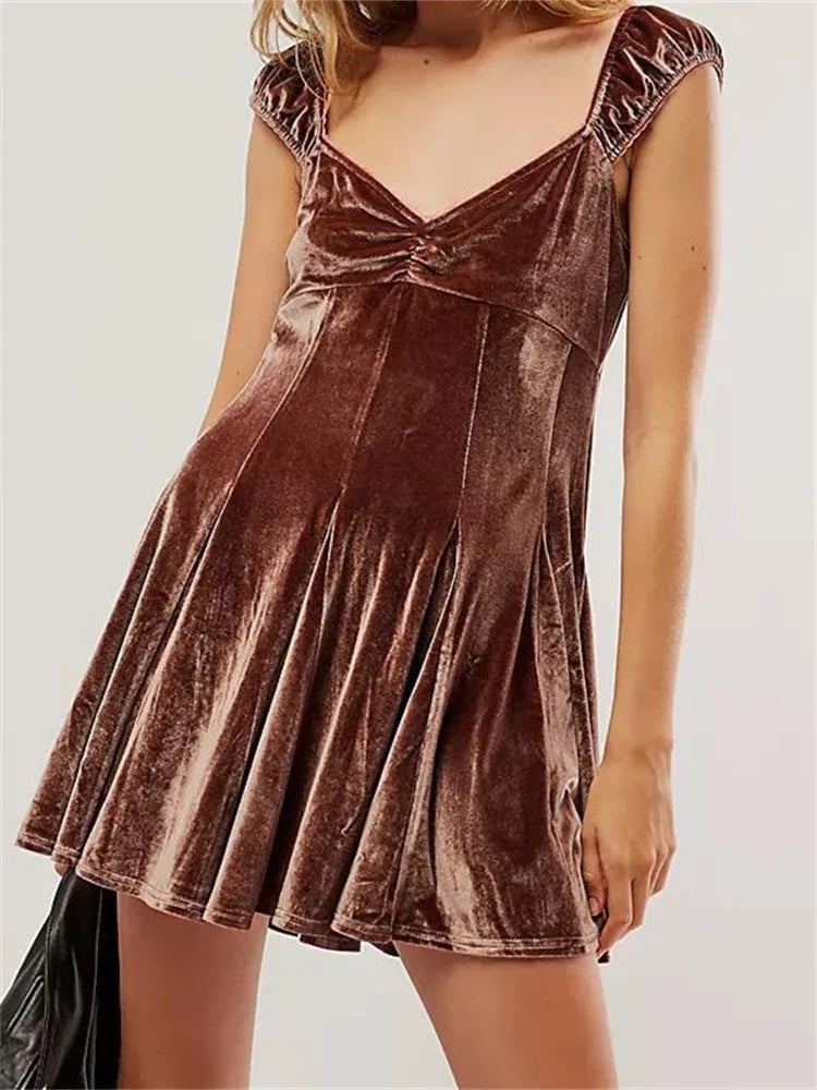 Velvet V-neck Sleeveless High Waist Mini Dresses