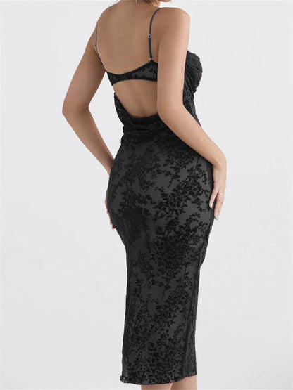 Lace Sleeveless Strap Low Cut Backless Print Midi Dress