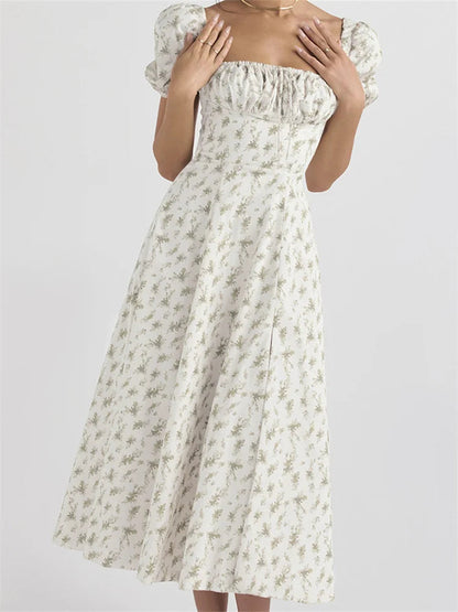 Y2k Square Neck Print Lace-up Sleeveless Spaghetti Strap Midi Dress