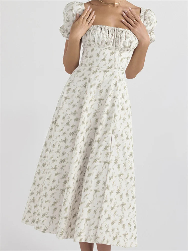 Y2k Square Neck Print Lace-up Sleeveless Spaghetti Strap Midi Dress