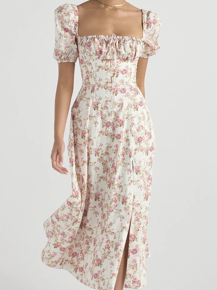 Y2k Square Neck Print Lace-up Sleeveless Spaghetti Strap Midi Dress