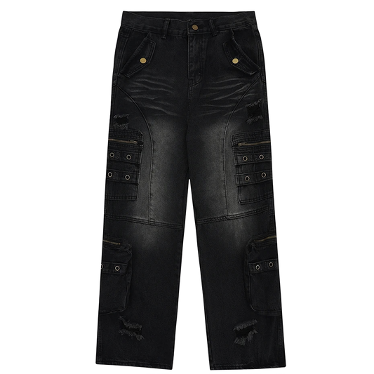 Distressed Black Cargo Denim Jeans - Edgy Pants