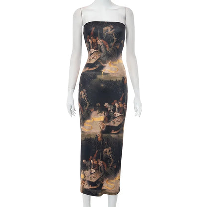 Strapless Oil Painting Printing Mesh Slim Midi Dress Female Brand Party Vestidos – Bestseller Dress