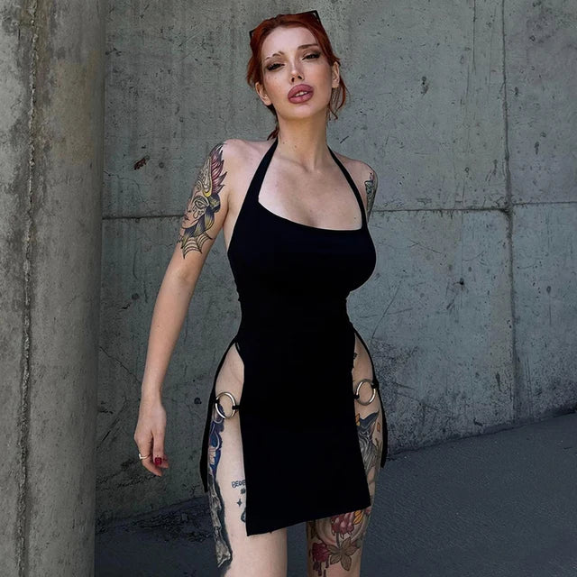 Color Sleeveless Halter Backless Deep Split Metal Circle Decoration Mini Dress – Hottie Spicy Clubwear Street