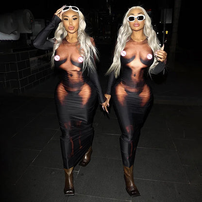 Y2k 3d Body Print Maxi Dress Long Sleeve Unique Body-shaping Attirewear Robe Party