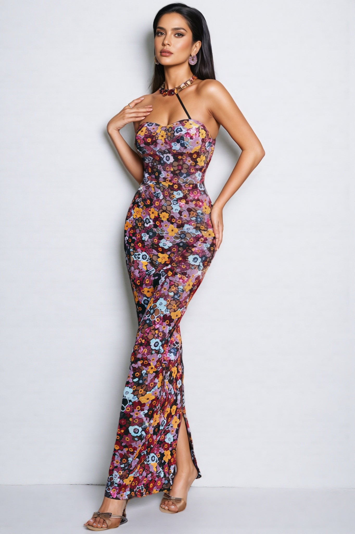 Cyria Strapless Flower Sequin Maxi Dress