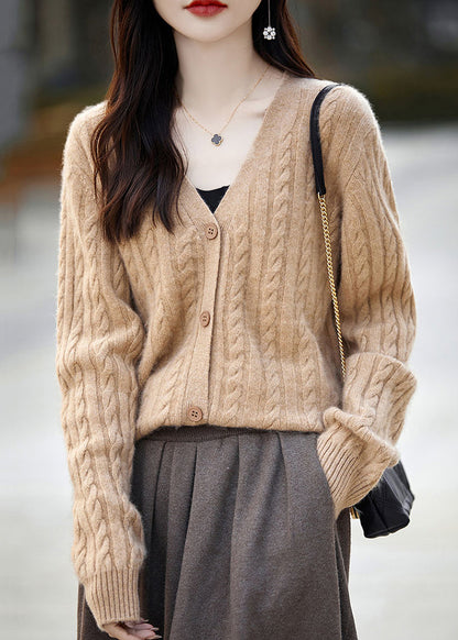 Camel Button Cozy Woolen Knit Cardigans V Neck Long Sleeve Ab1056