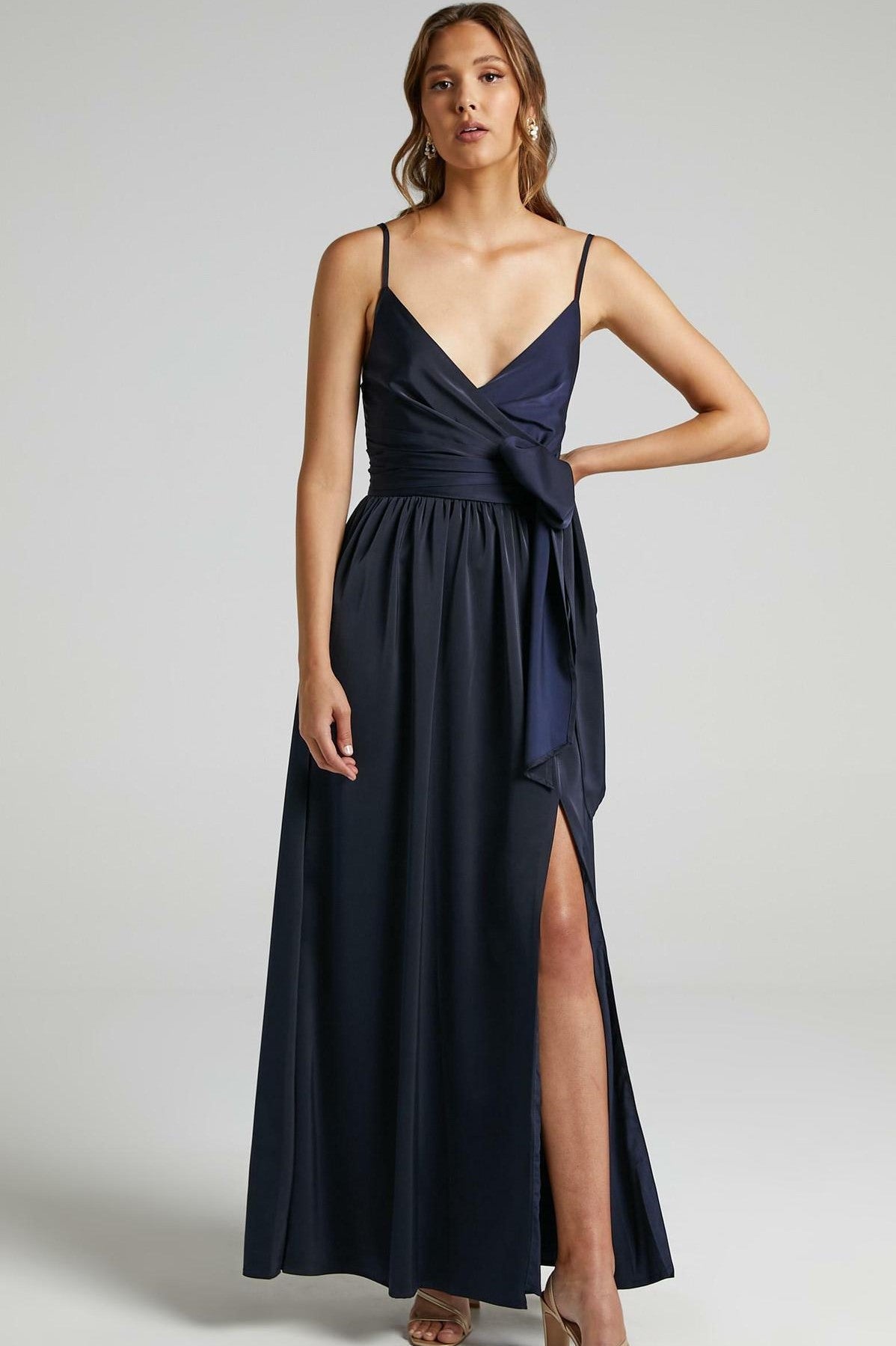 Cami V-neck Wrapover Pleated Lace Up Slit Maxi Dress Blue
