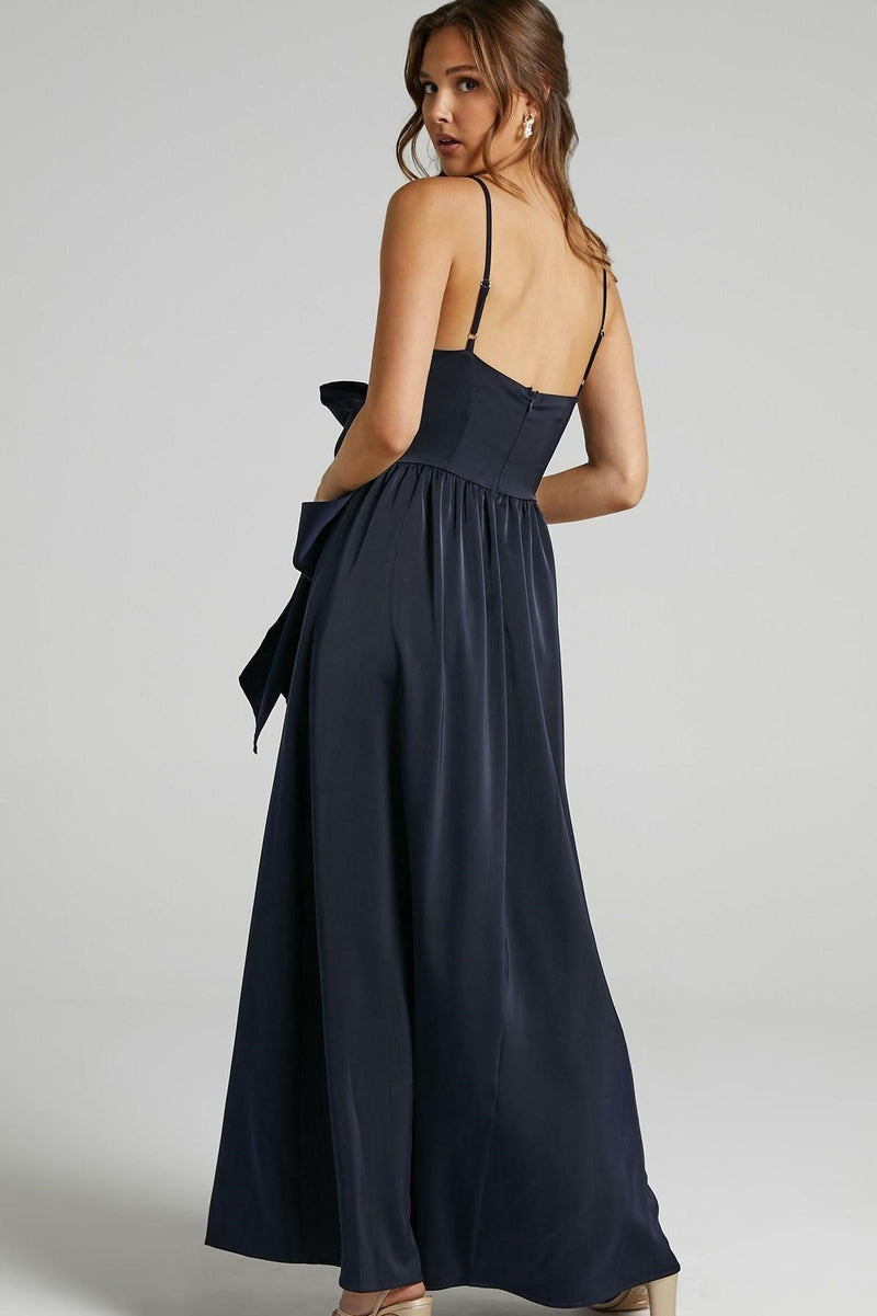 Cami V-neck Wrapover Pleated Lace Up Slit Maxi Dress Blue