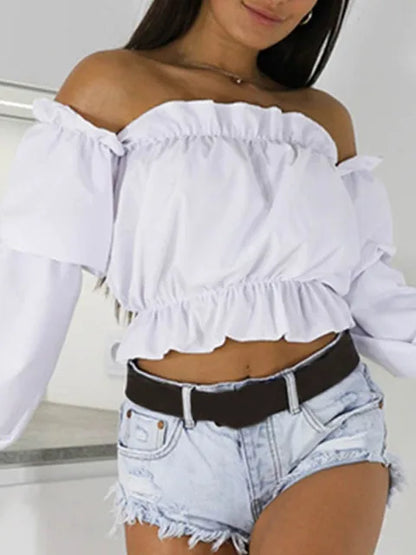 Candy Color Off Shoulder Crop Tops Summer Dot Print Lantern Sleeve Shirts Lady Slash Neck Beach Blouse