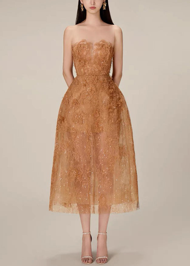 Caramel Lace Sequins Tulle Long Dress Strapless Summer Kk017