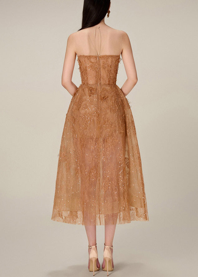 Caramel Lace Sequins Tulle Long Dress Strapless Summer Kk017