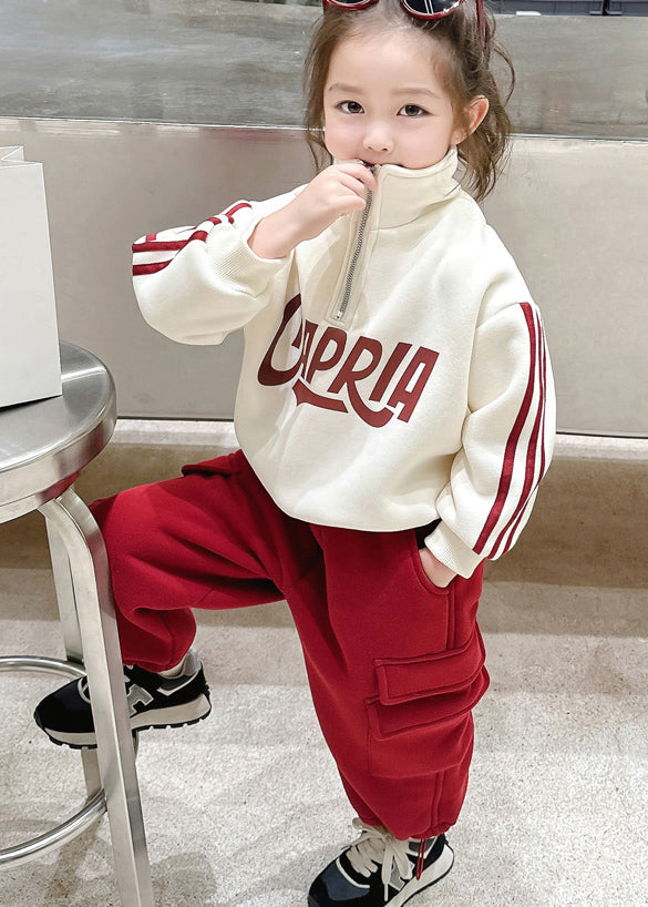 Beige Stand Collar Zippered Warm Fleece Top and Pants Two Piece Set Winter Tr028