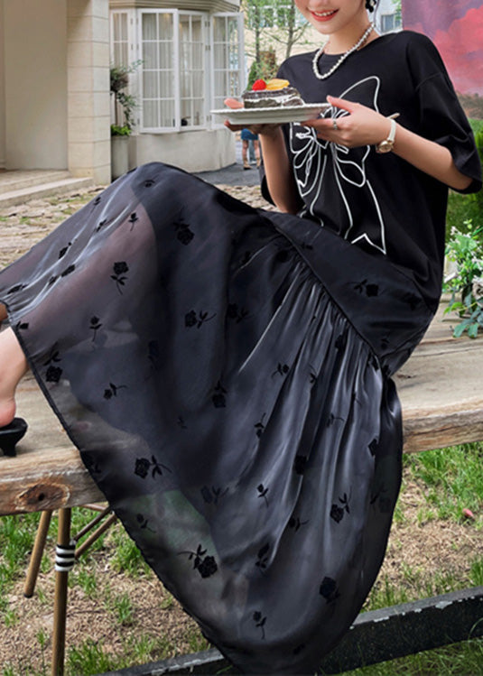 Black O-neck Bow Tulle Patchwork Cotton Maxi Dresses Summer Ly1707