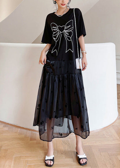 Black O-neck Bow Tulle Patchwork Cotton Maxi Dresses Summer Ly1707