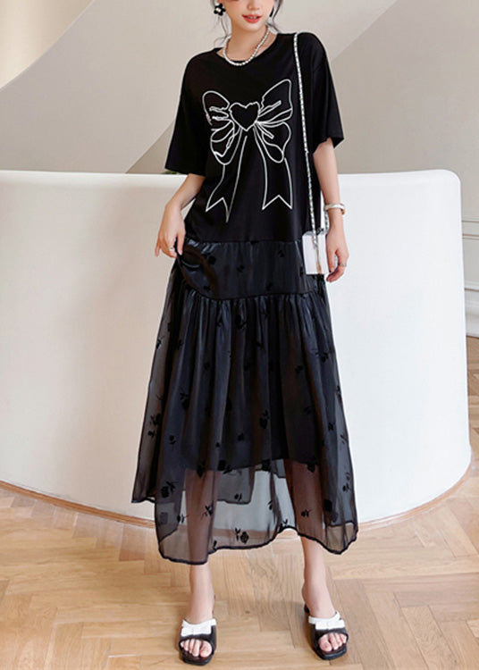 Black O-neck Bow Tulle Patchwork Cotton Maxi Dresses Summer Ly1707