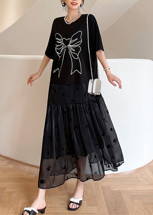 Black O-neck Bow Tulle Patchwork Cotton Maxi Dresses Summer Ly1707
