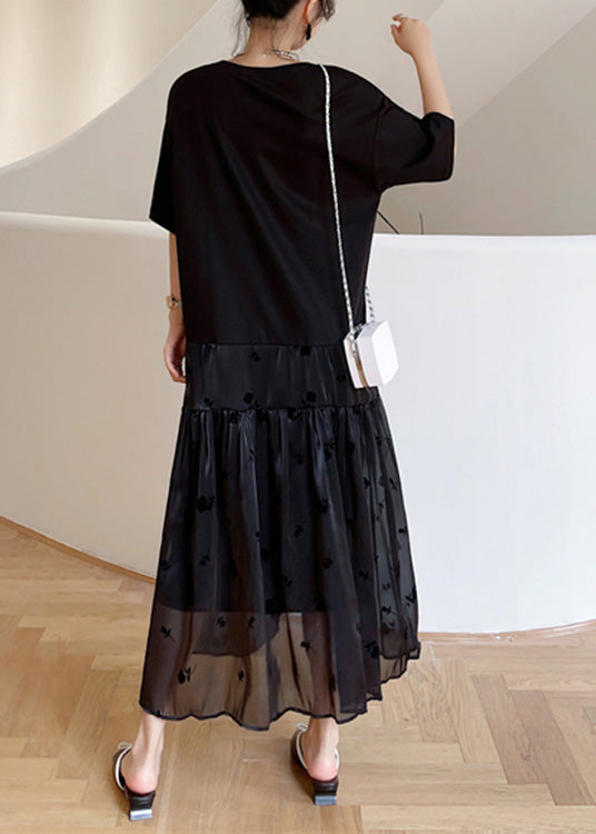 Black O-neck Bow Tulle Patchwork Cotton Maxi Dresses Summer Ly1707